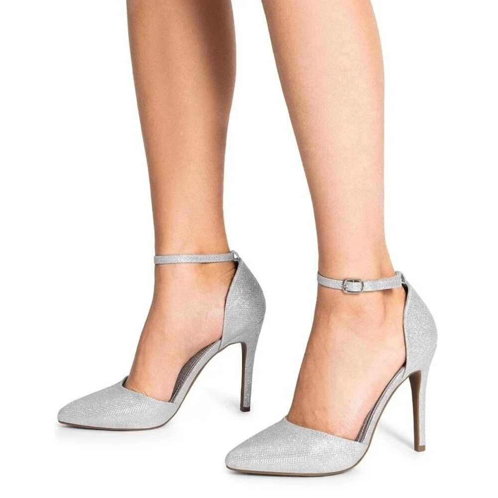 NWT Dream Pairs Silver Pumps Oppointed Lacey Pointed Toe Shoes w/Ankle Strap - 8